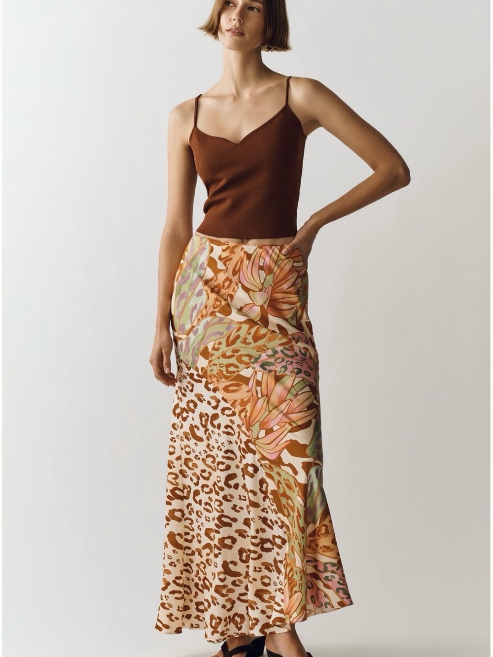 FARM Rio Brown Multi Floral & Leopard Maxi Skirt